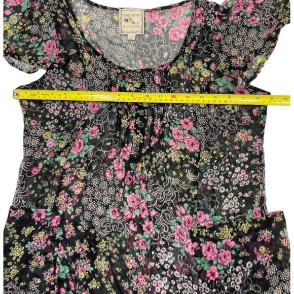 PINK ROSE Womens Sheer Boho Floral Top Large Black Multi Chiffon Slouch Pockets - Picture 11 of 16